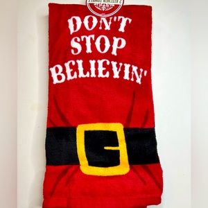 2 Christmas Fat Santa Belly Belt Buckle Kitchen Towels Do’t Stop Believin’